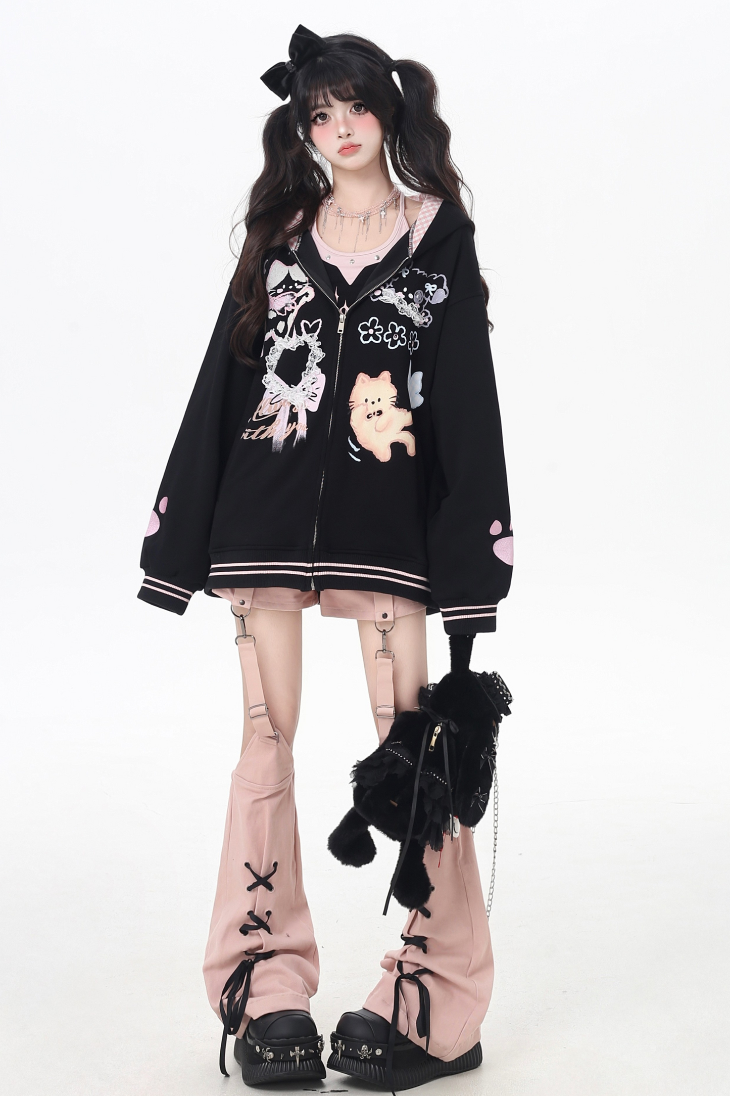 Animal Illustration Loose Zip Hoodie