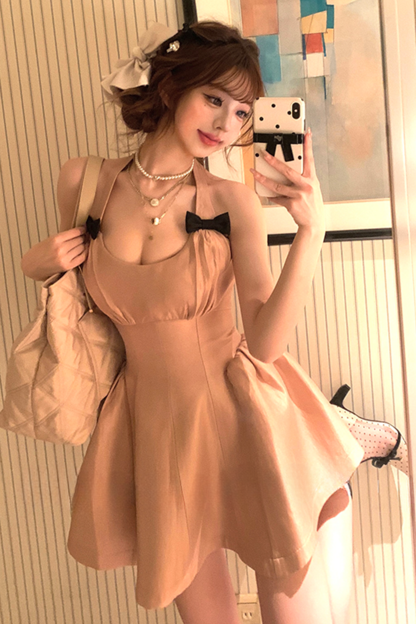 Ribbon Halter Neck Golden Puff Pure Dress