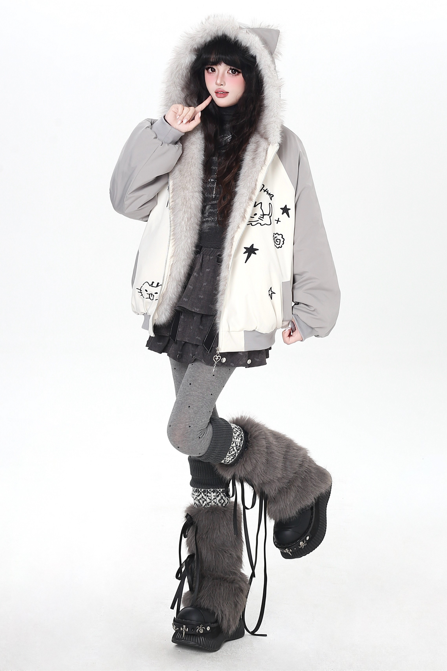 Cat Ear Bicolor Fur Jacket