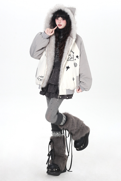 Cat Ear Bicolor Fur Jacket