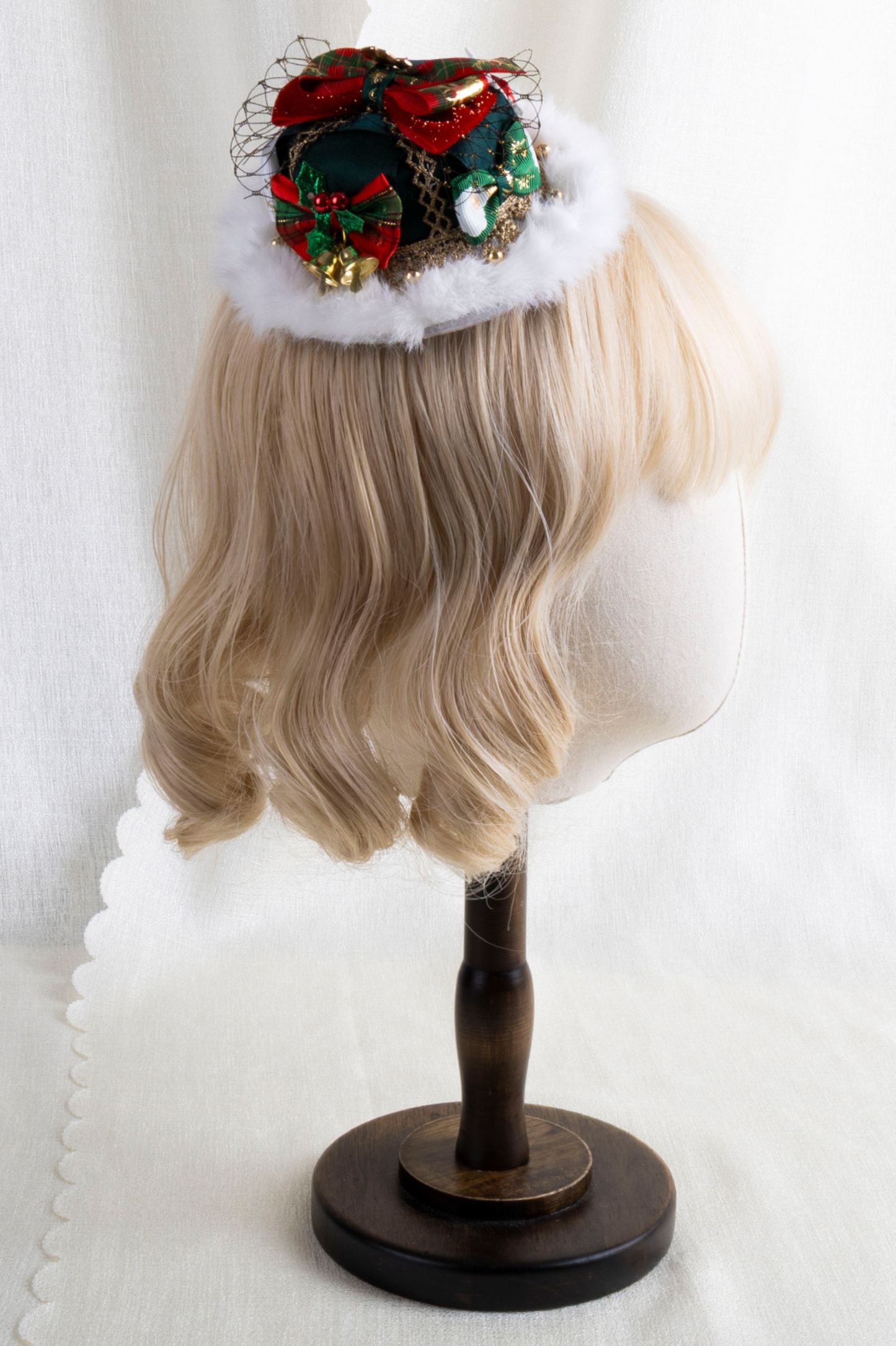 クリスマスチェックヘアーオーナメントリボンクリップ+ハットクリップ+ヘアバンド