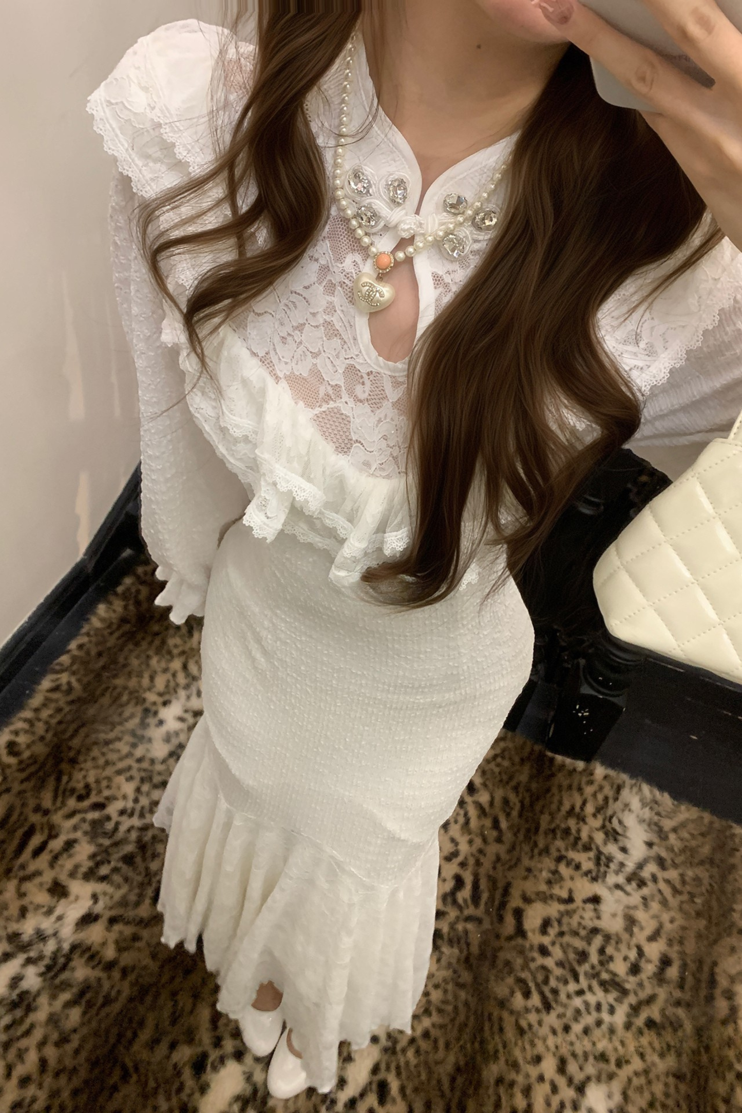 パフスリーブニットレースワンピース