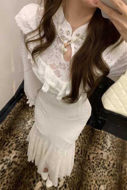 パフスリーブニットレースワンピース