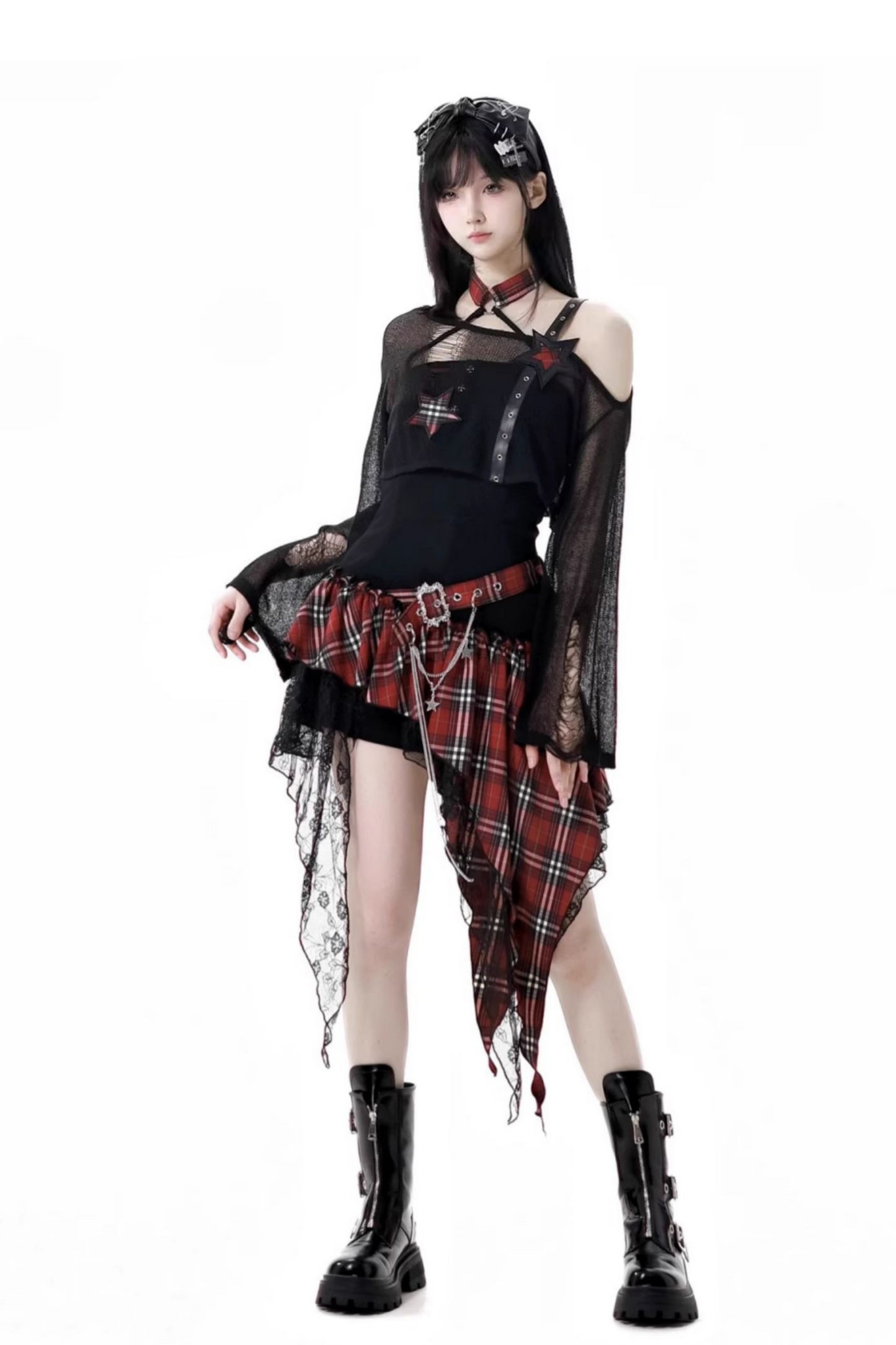 ロックシックチェックドレス＋ワンショルダーショートトップス＋ショートパンツ