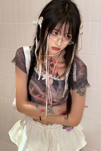 Bunny Cake Print Ash Sheer Mesh Slim Top