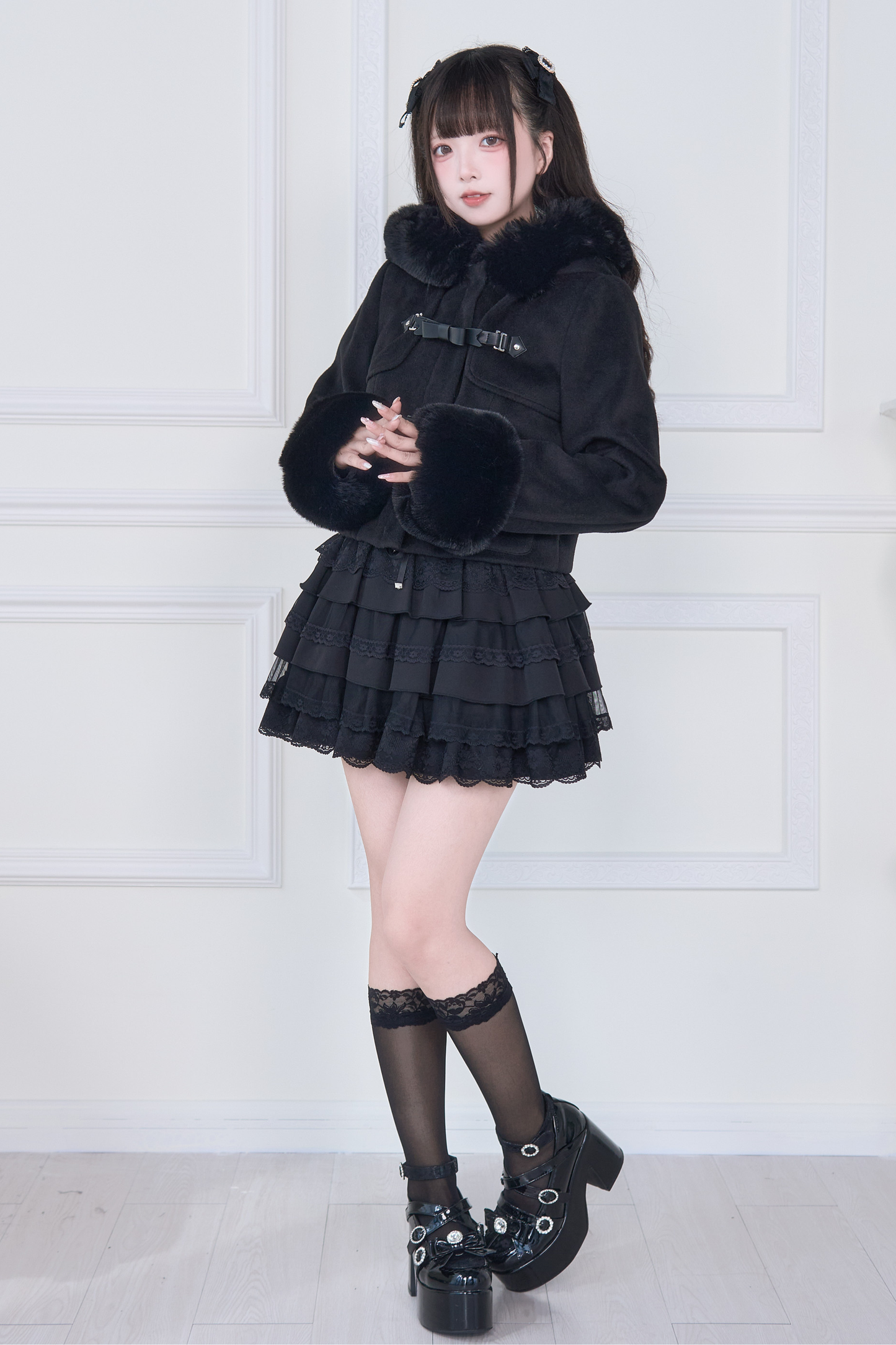 Ribbon Buckle Fur Short Coat