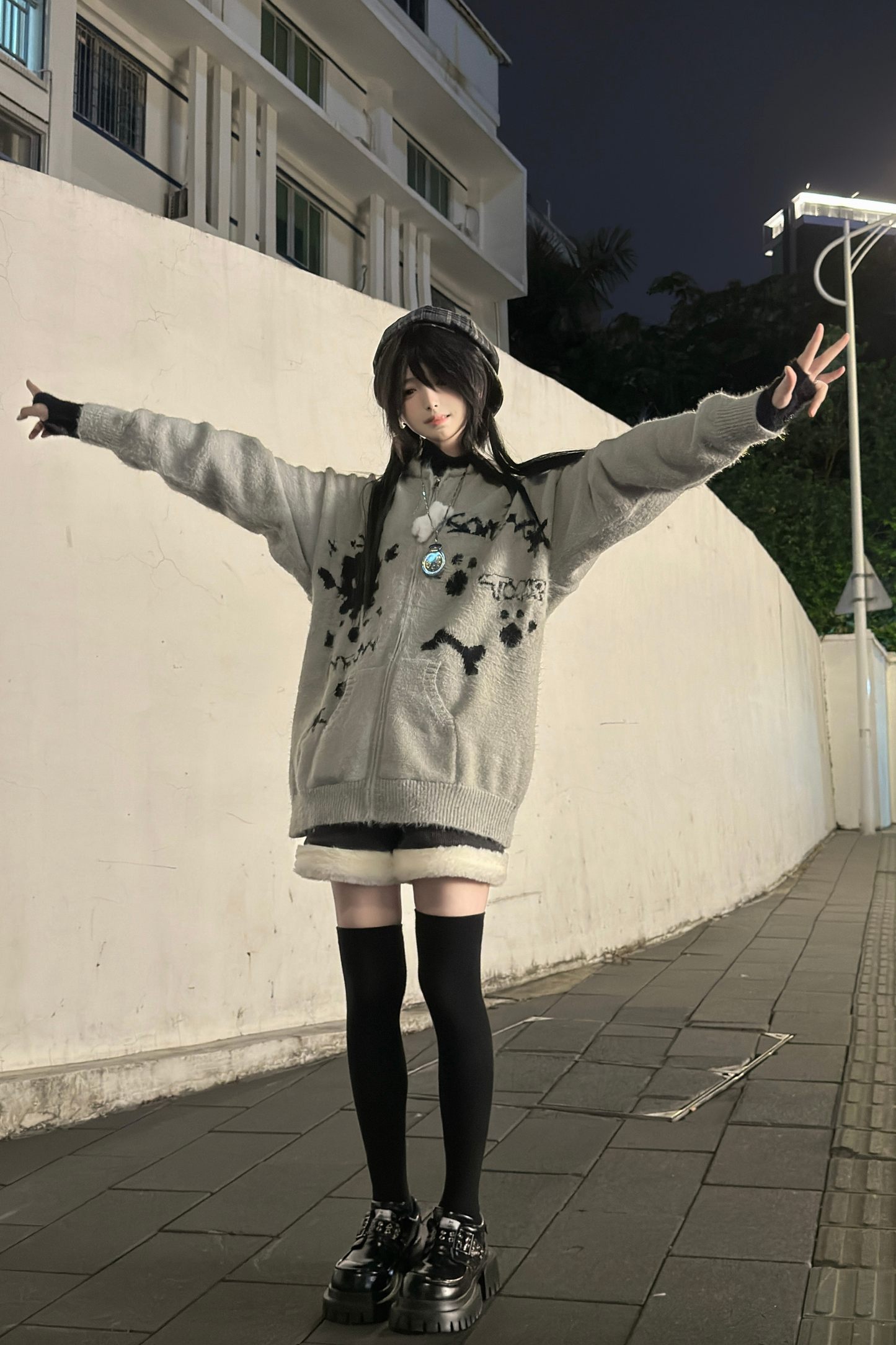 Cat Ear Hood Loose Zip Cardigan
