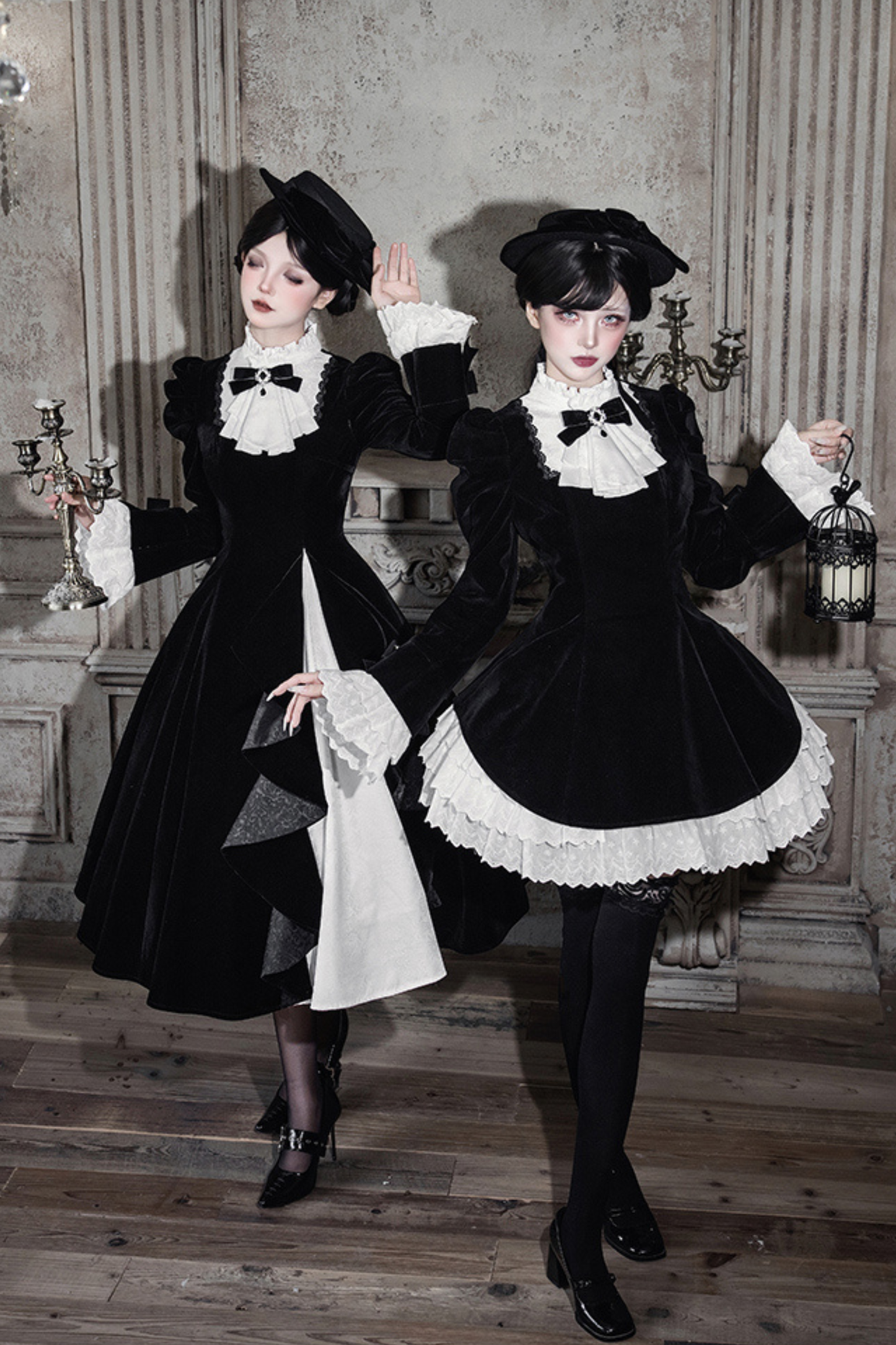 エレガントスリムコントラストカラーツインドレス+カラー+リボン+ブローチ+ハット