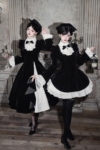 エレガントスリムコントラストカラーツインドレス+カラー+リボン+ブローチ+ハット