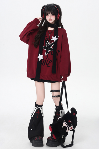 スターデザインルーズラウンドネックトップス