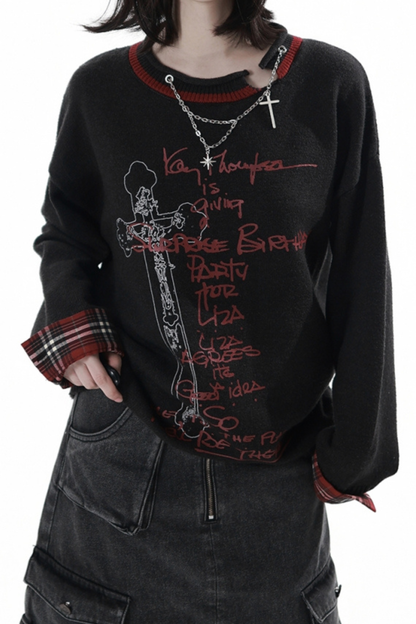 ダークトップス+デニムスカート+チェックウエストアクセサリー