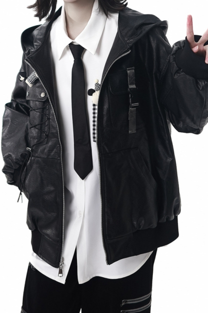 Leather jacket + shirt + long pants + sweatshirt + skirt