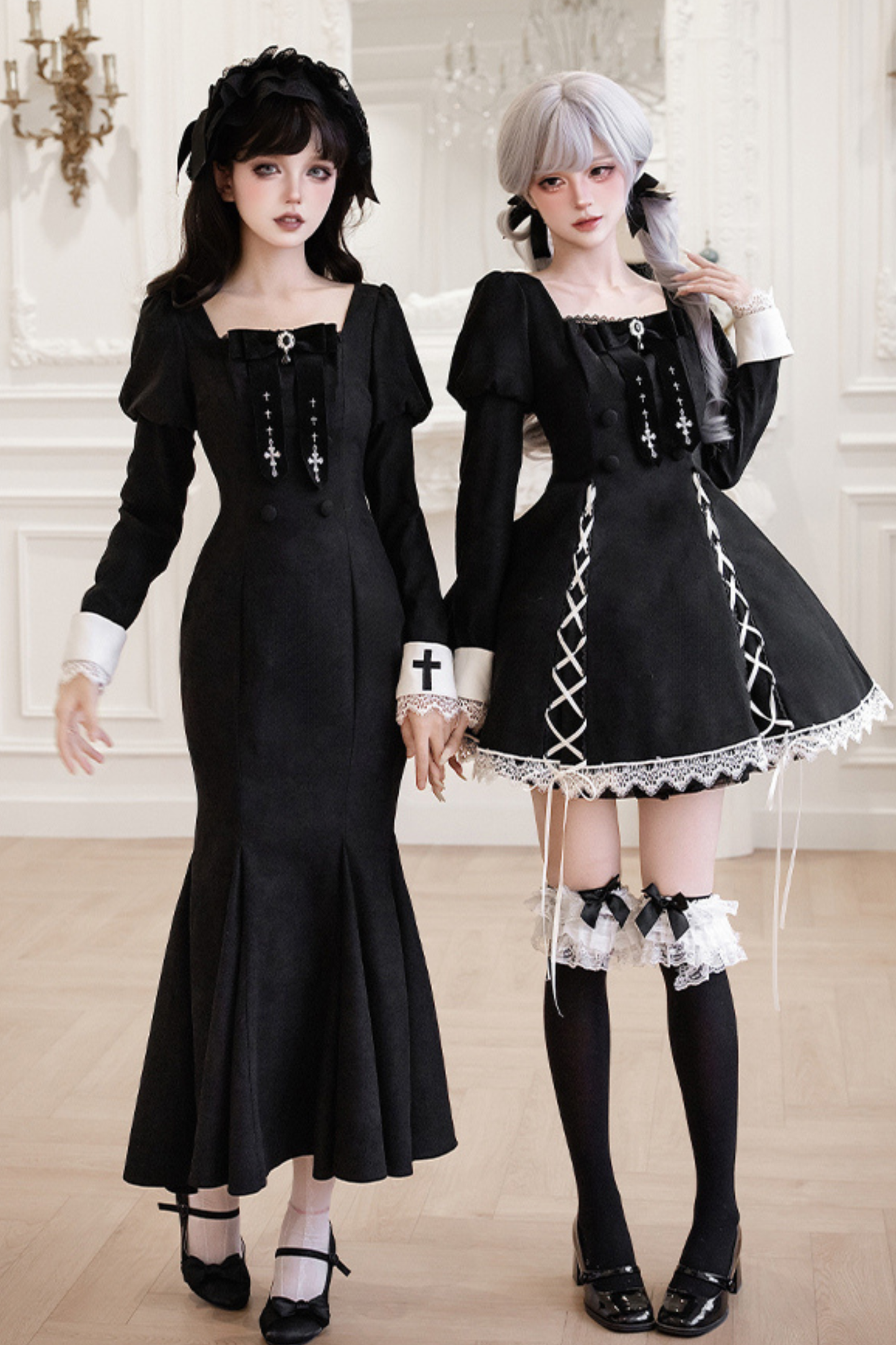 シックマーメイドドレス+レースアップショートドレス+マントコート+カラー+リボンブローチ