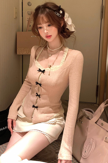 Lace Halter Neck Knit Slim Fit Ribbon Top