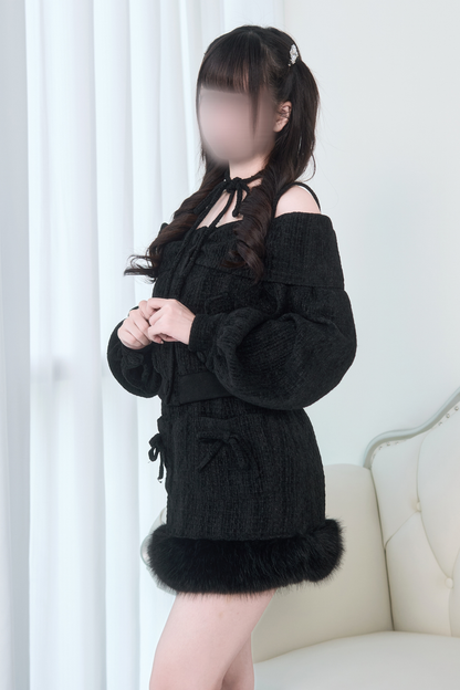 オフショルダーリボントップス+ファースカート