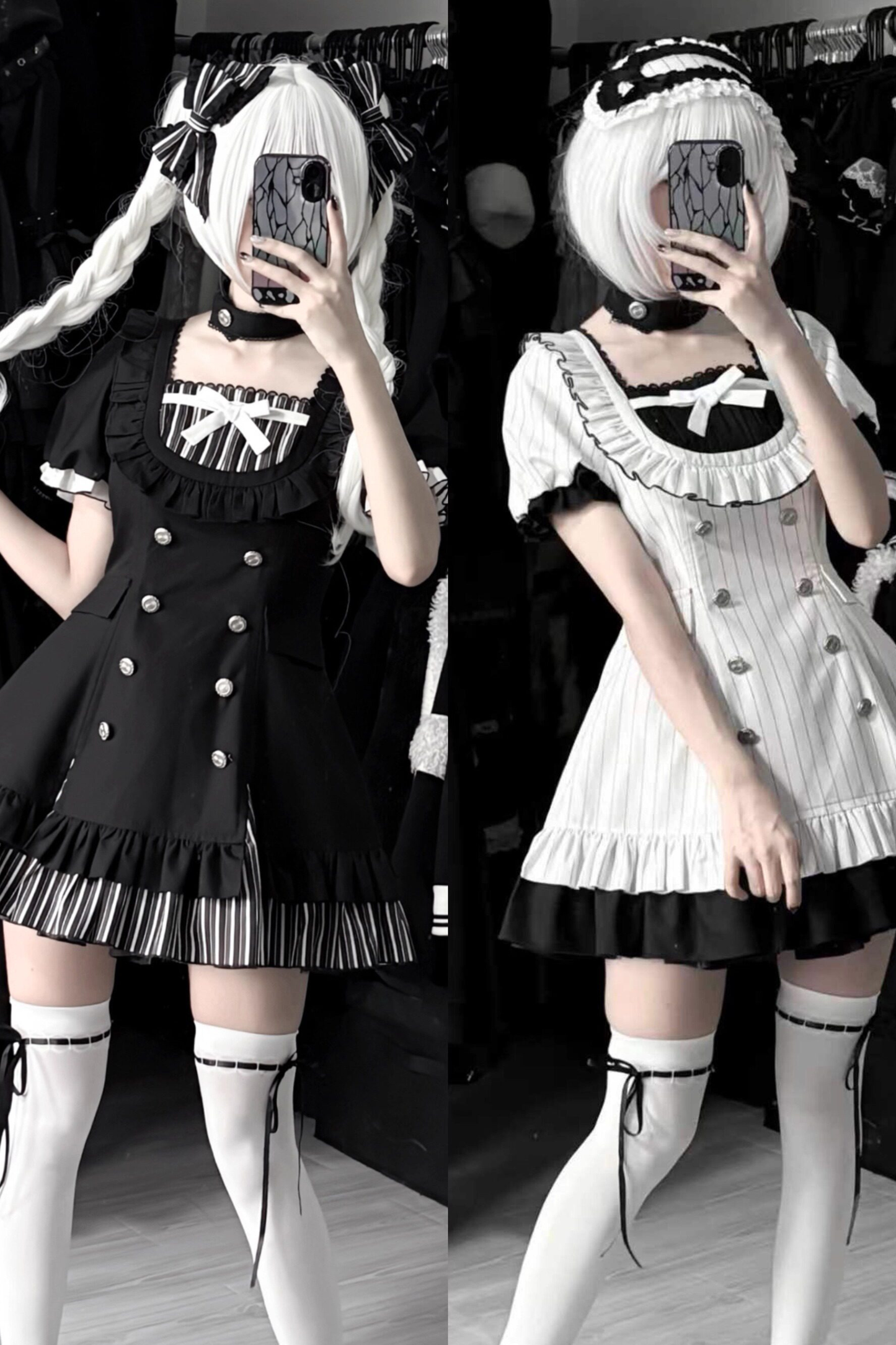 Gothic-Lolita-Streifenkleid + Stirnband + Haarklammer
