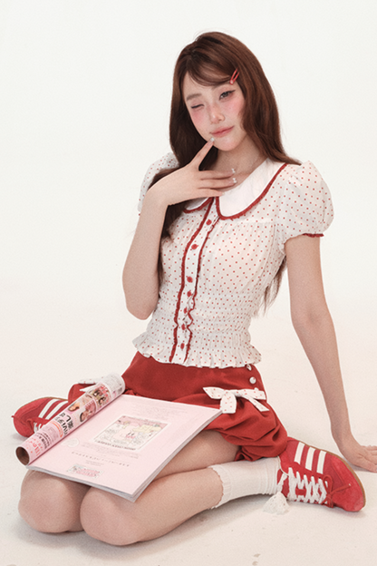 ドットパフスリーブドールシャツ+リボンバルーンスカートパンツ