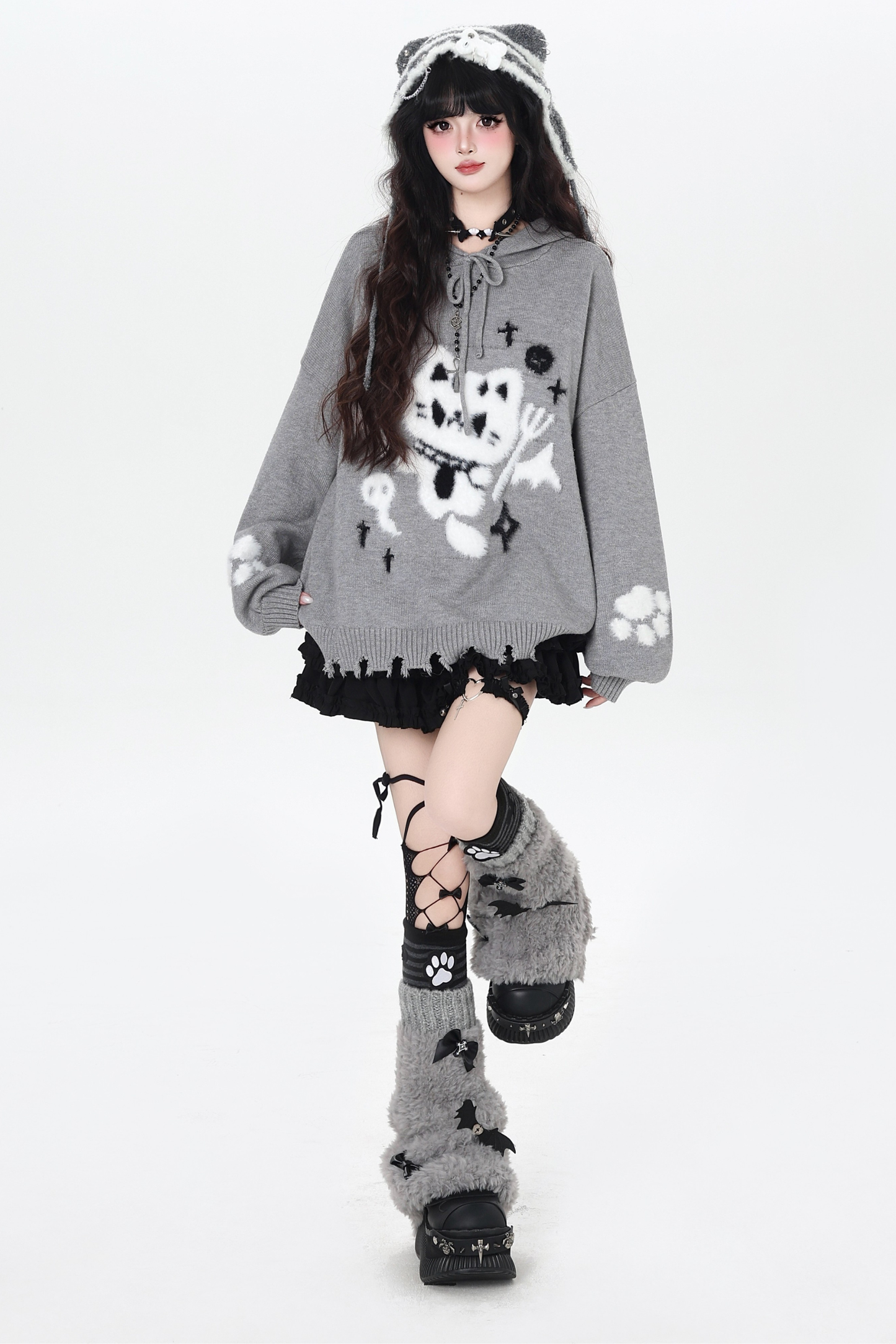 ナイトダークキャットルーズフードニット