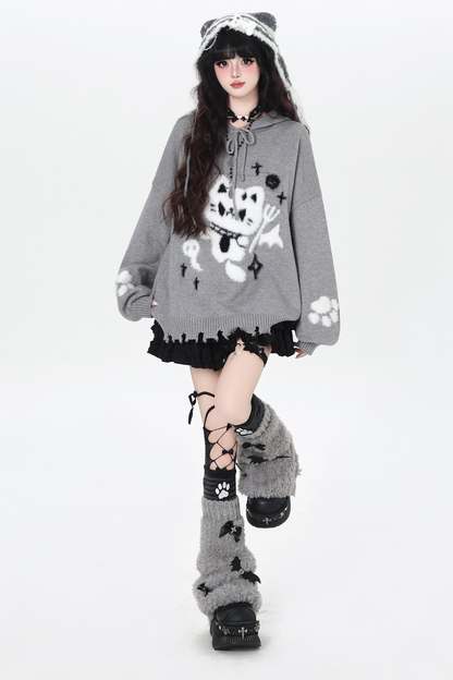 ナイトダークキャットルーズフードニット