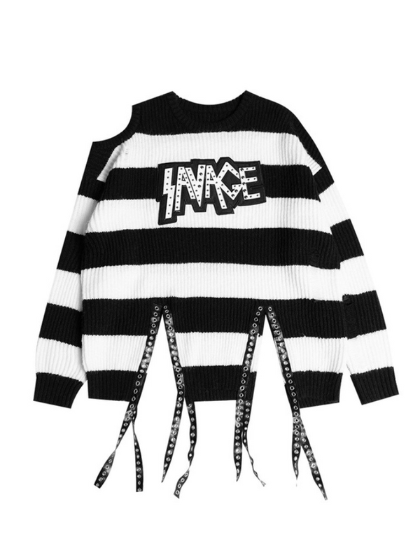 Off-Shoulder Punk Wide Stripe Sweater Top