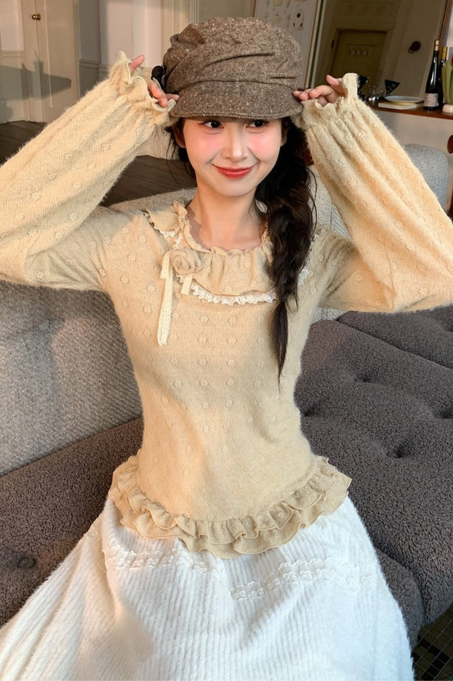 レースカラーロングスリーブトップス