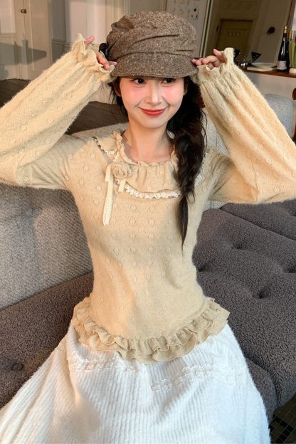 レースカラーロングスリーブトップス