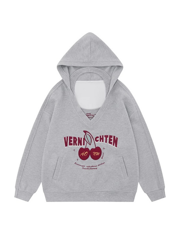 American Retro Cherry Embroidered Hooded Sweatshirt Loose Waffle Two Piece Set