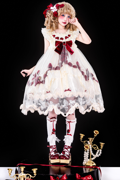 [3월 13일 예약마감] 스트로베리 크림 롤리타 원피스 + 케이크 모자 + 꼬리 + 보닛 + 페티코트