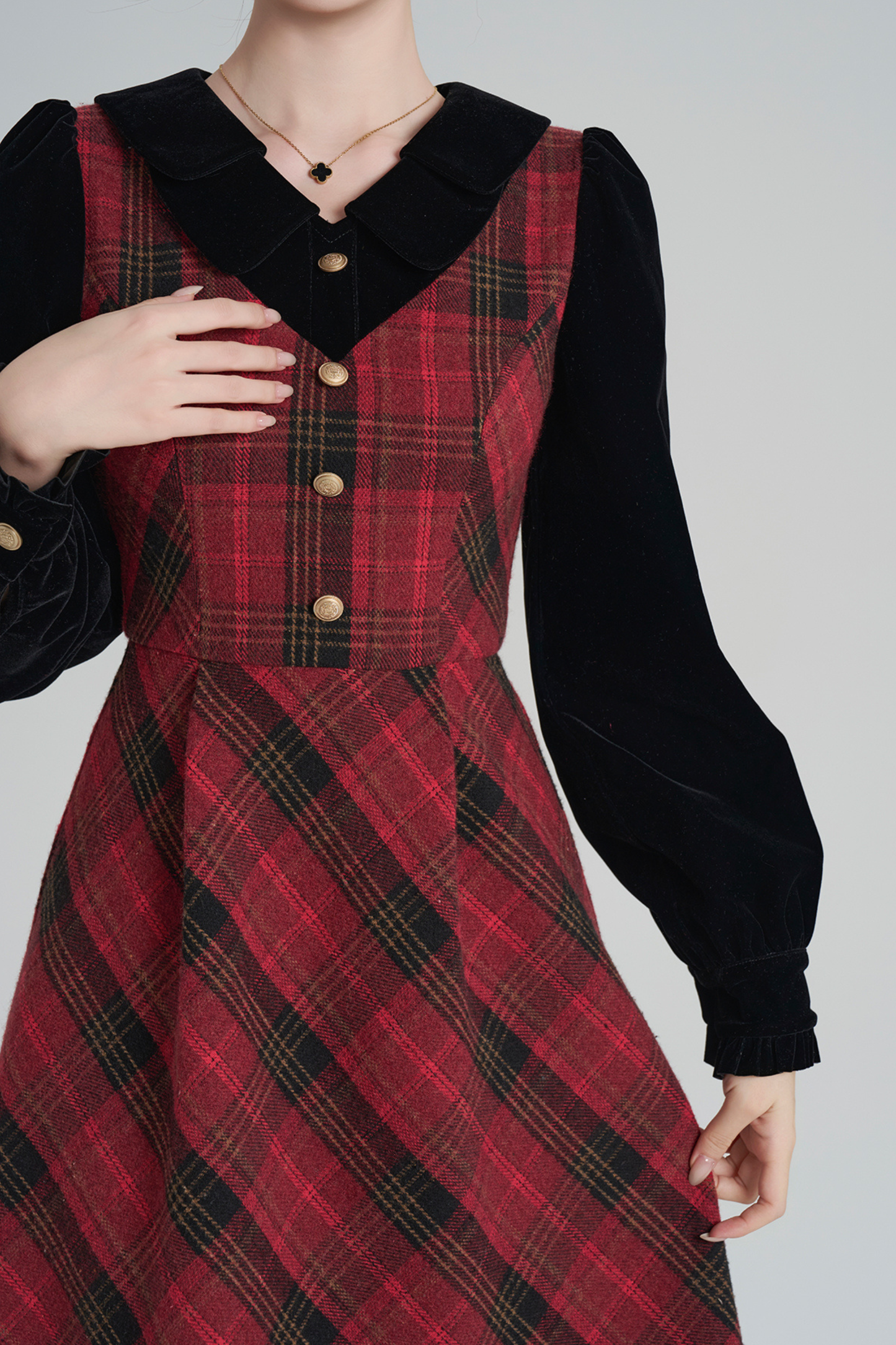 レッドレトロチェックツイードドレス