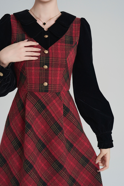 レッドレトロチェックツイードドレス