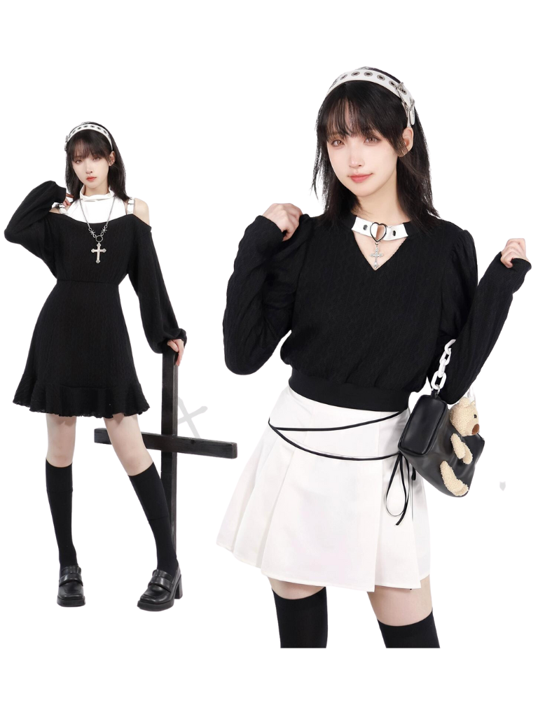 Cross Gothic Black Knitted Top Skirt + Black White Off Shoulder Dress Set Up