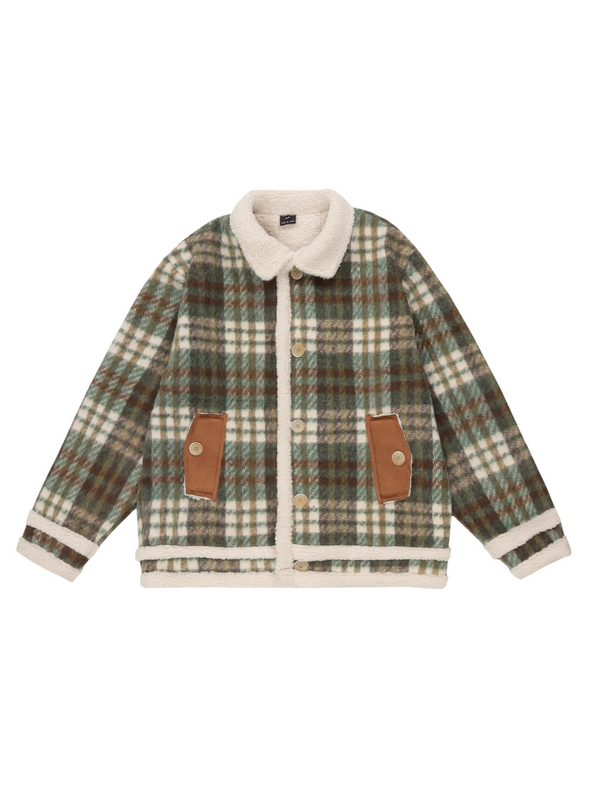 American Retro Brown Green Checked Wool Jacket