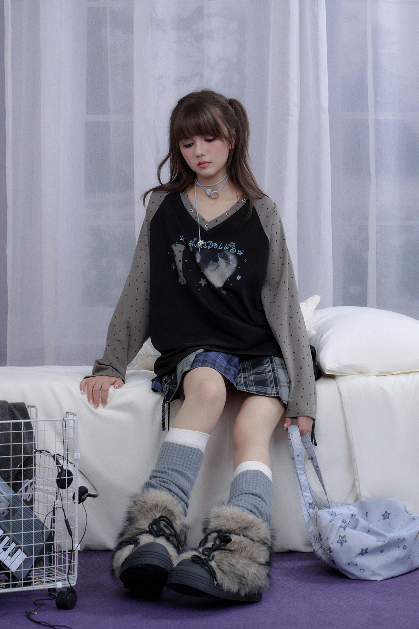 キャットプリントダークラグランロングスリーブトップス