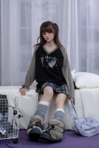 キャットプリントダークラグランロングスリーブトップス