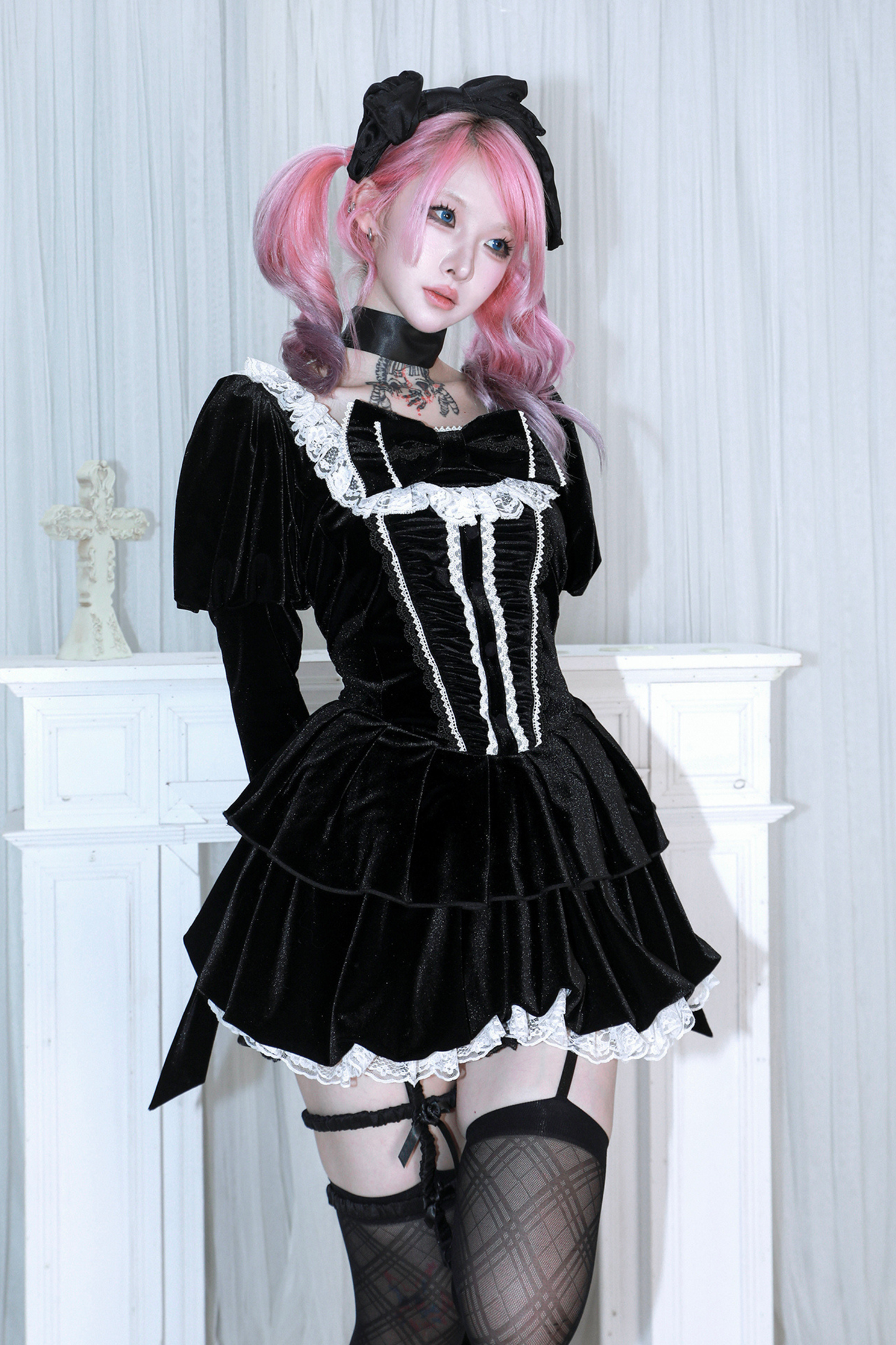 リボンゴシックベルベットレースドレス