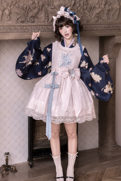 アップクロスカラージャケット+ショートジャケット+ドレス+ヘアバンド+リボン