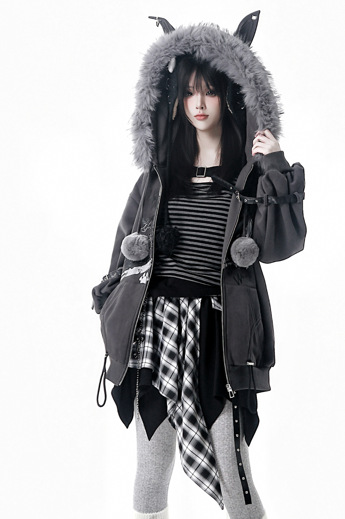 ファーボールファーフードジャケット+トップス+スカート