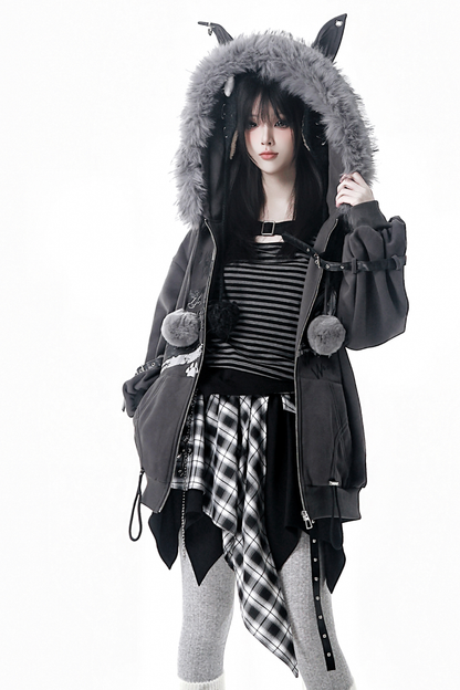 ファーボールファーフードジャケット+トップス+スカート