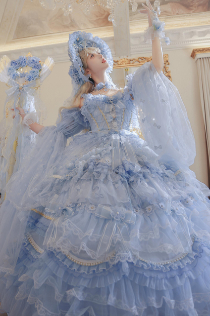 ゴージャスアイスブループリンセスロリータロングドレス