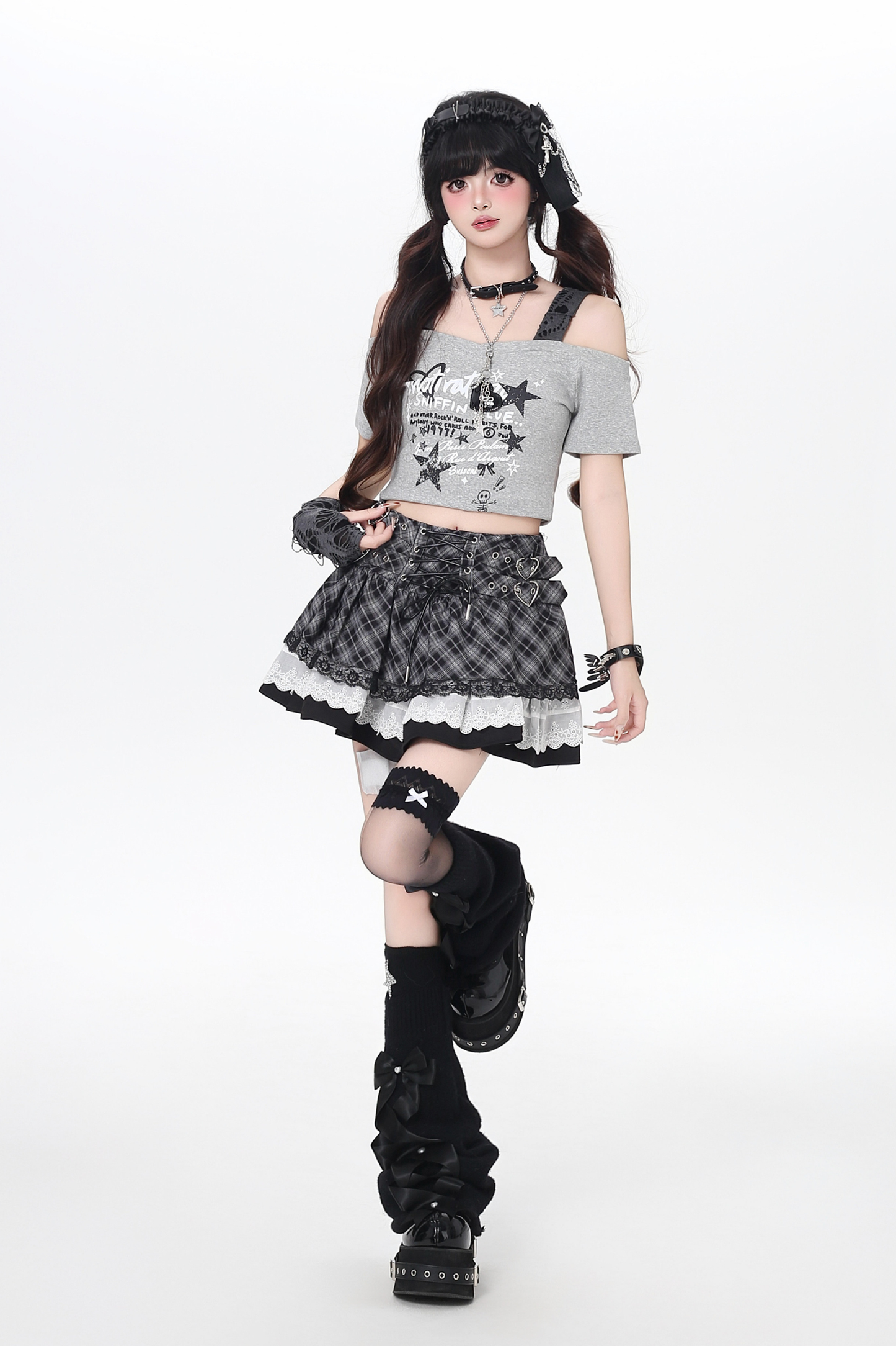 Plaid Lace-Up Tiered Skirt