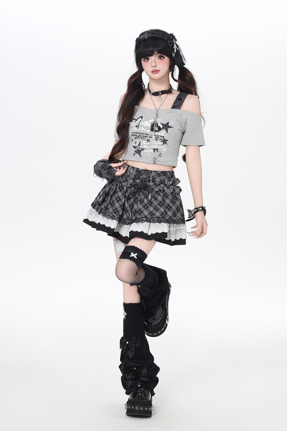 Plaid Lace-Up Tiered Skirt