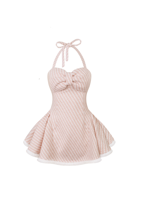 Knit Cardigan + Staggered Lattice Dress + Wool Jacket