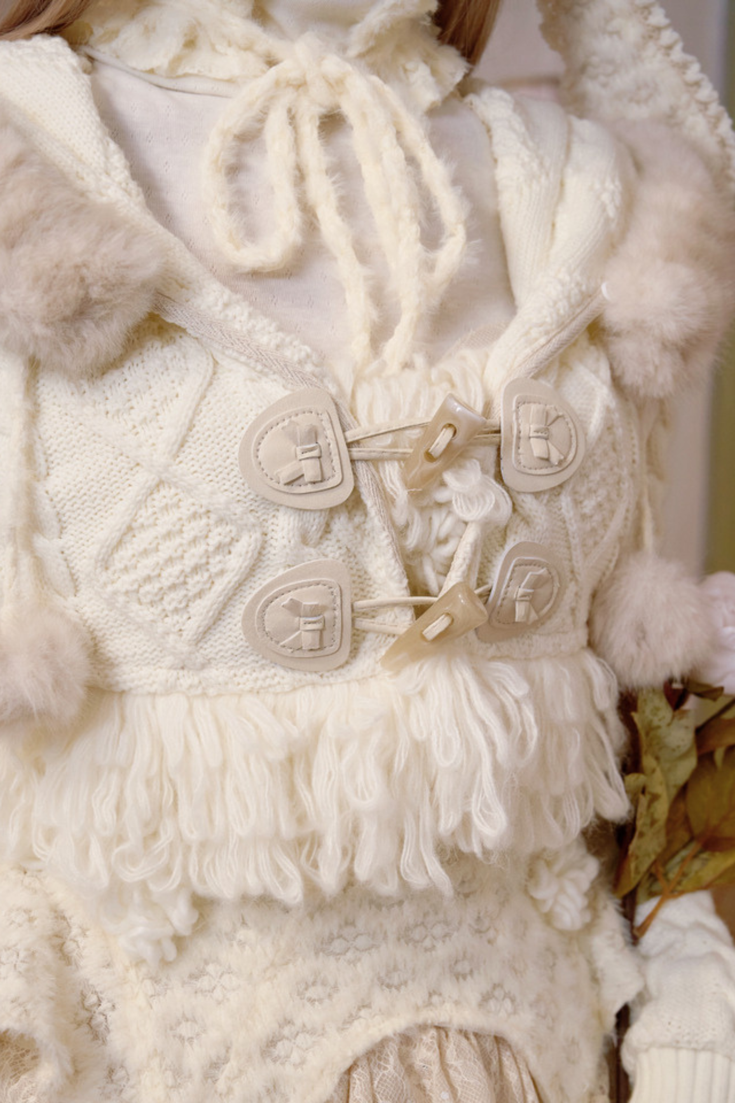 ファーフードケーブルニットカーディガン+ファーハット