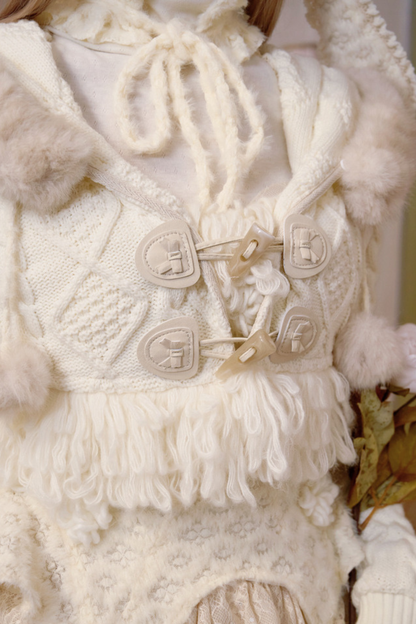 ファーフードケーブルニットカーディガン+ファーハット