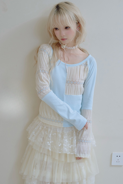 パッチワークデザインクルーネックトップス