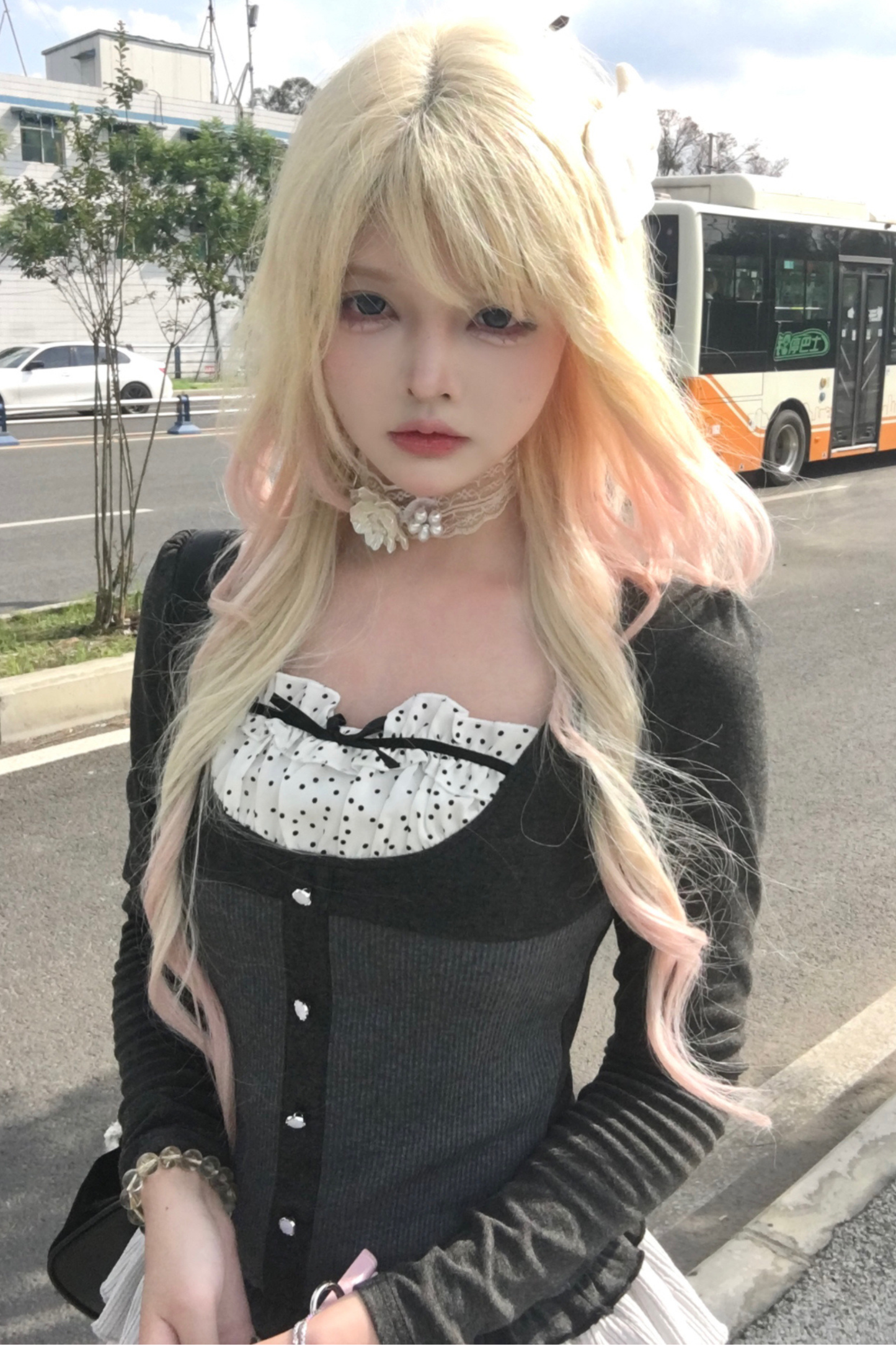 スリムリボンドットスリムトップス+ケーキスカート