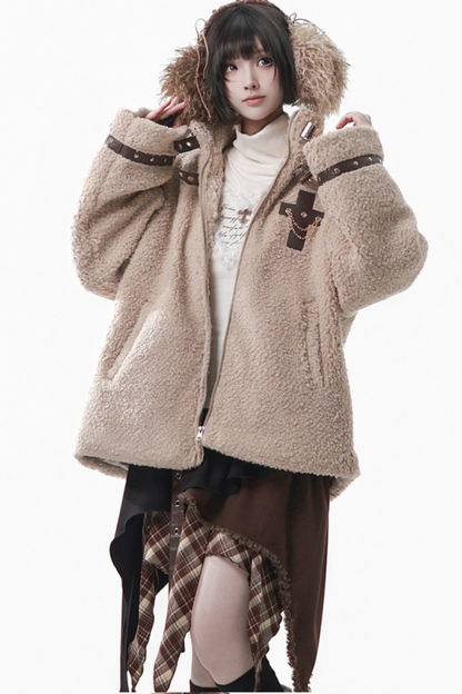 ヘーゼルナッツベルベットウールコート+チェックスカート+トップス+レッグカバー