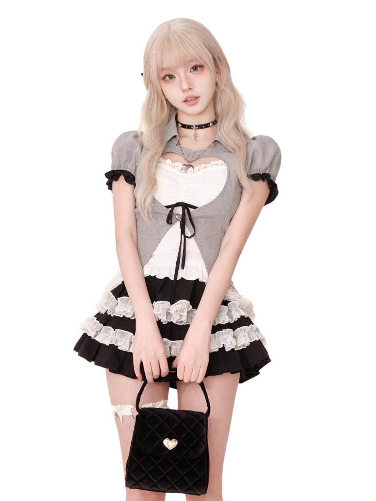 Black and white love letter [3.18 at 20 o'clock new + new products 95% off] gray top + white suspenders + black cake skirt