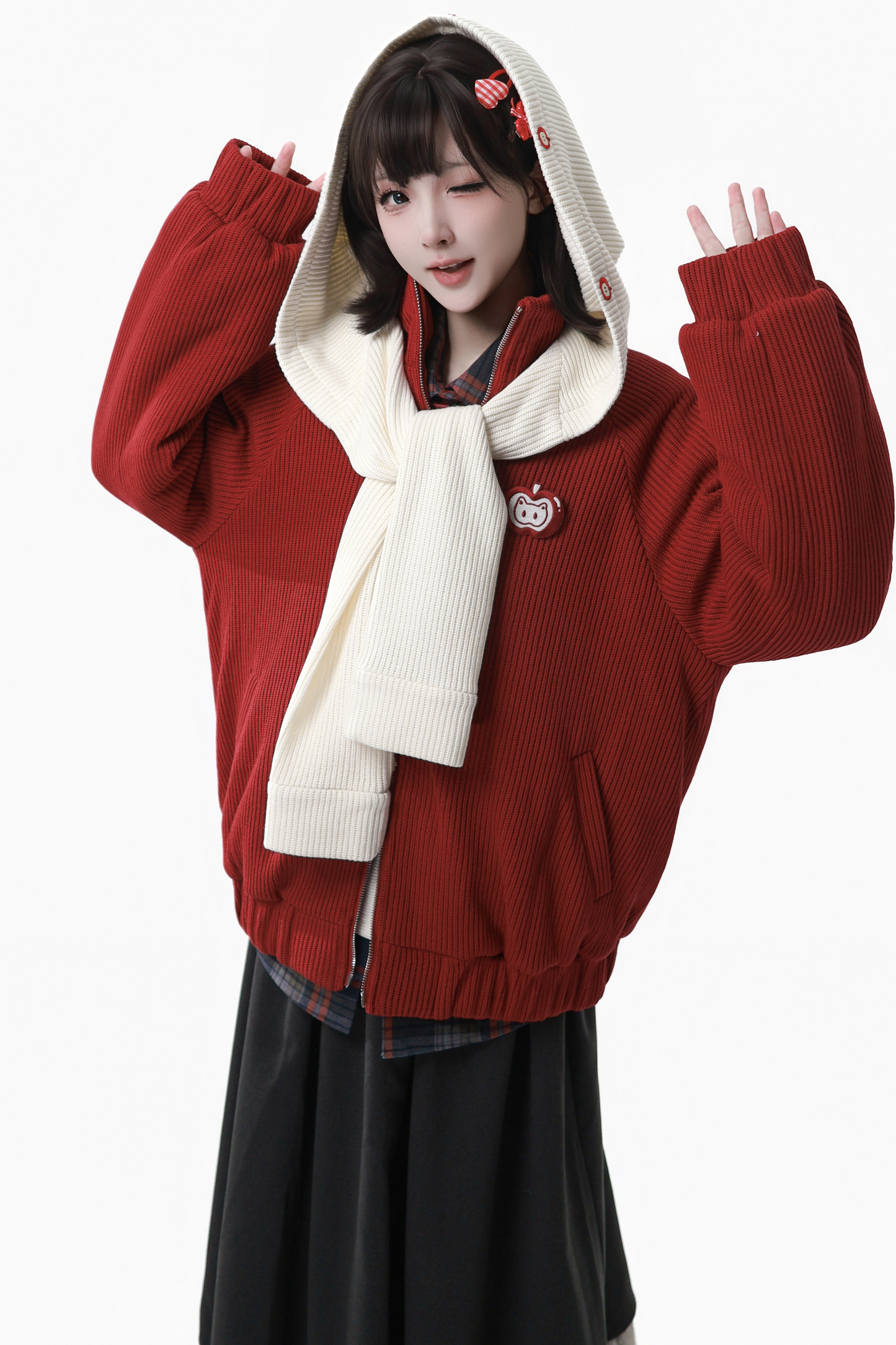 アップルブラックティーフリースコート+フーディー+ロングスカート+ショートスカート+フードマフラー