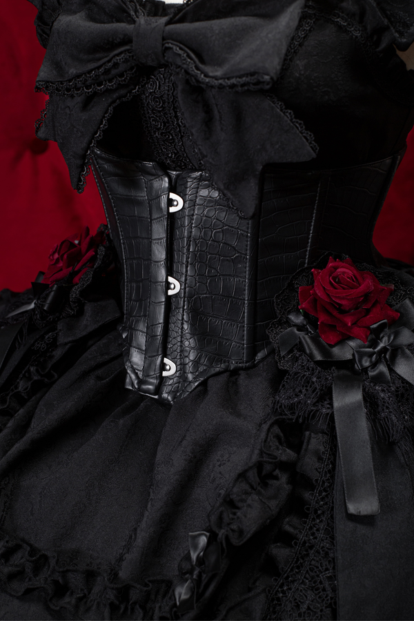 Dark Gothic Ribbon Lolita Dress + Waist Belt + Train + Hairband